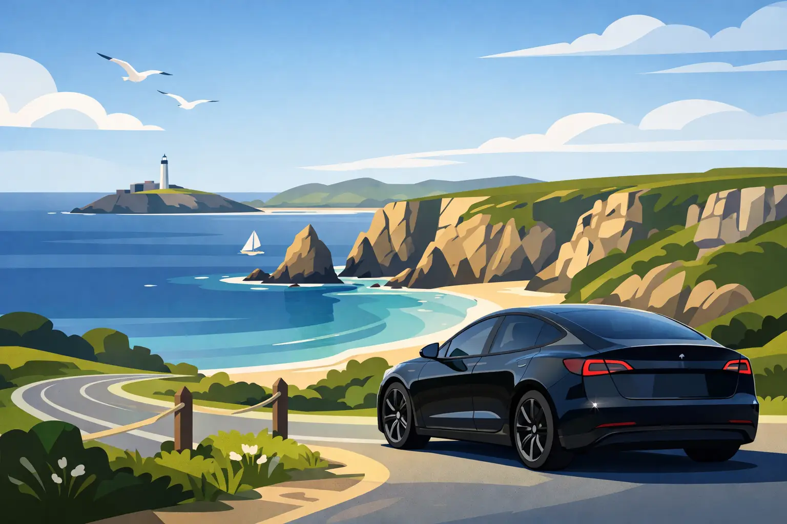 Road trip d'une journée en presqu'île de Crozon — Tesla Model 3 noire sur route côtière, falaises, phare et baie turquoise