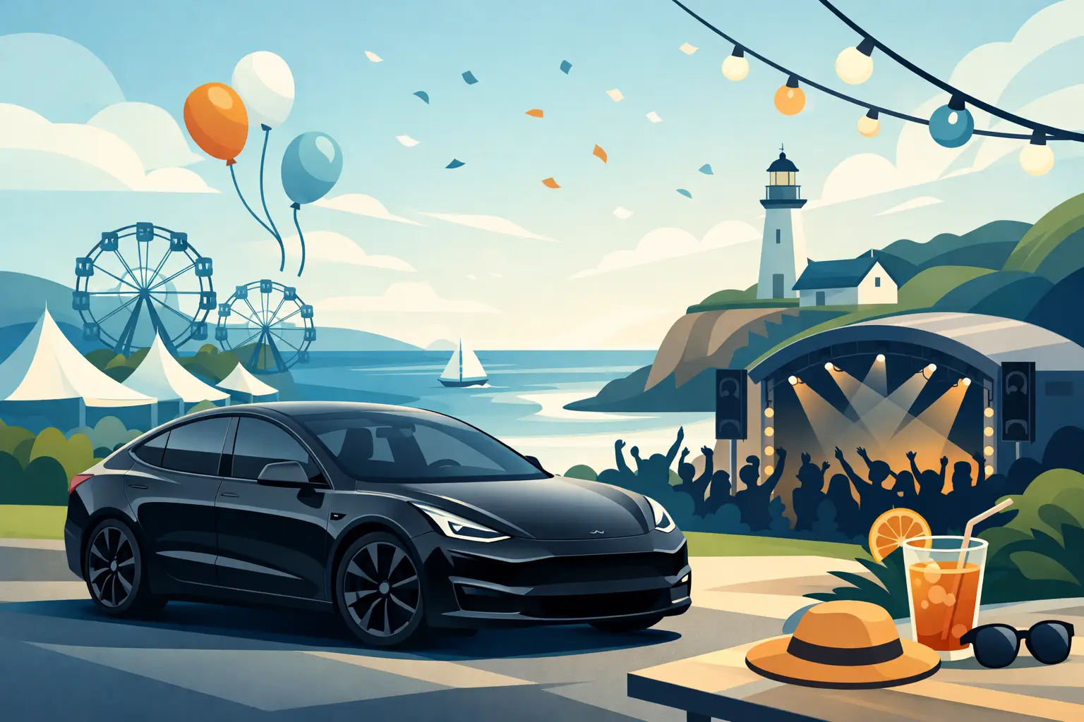 VTC Festival Petites Folies — Tesla Model 3 noire devant la scène en bord de mer, phare, ballons, ambiance festival d'été en Bretagne